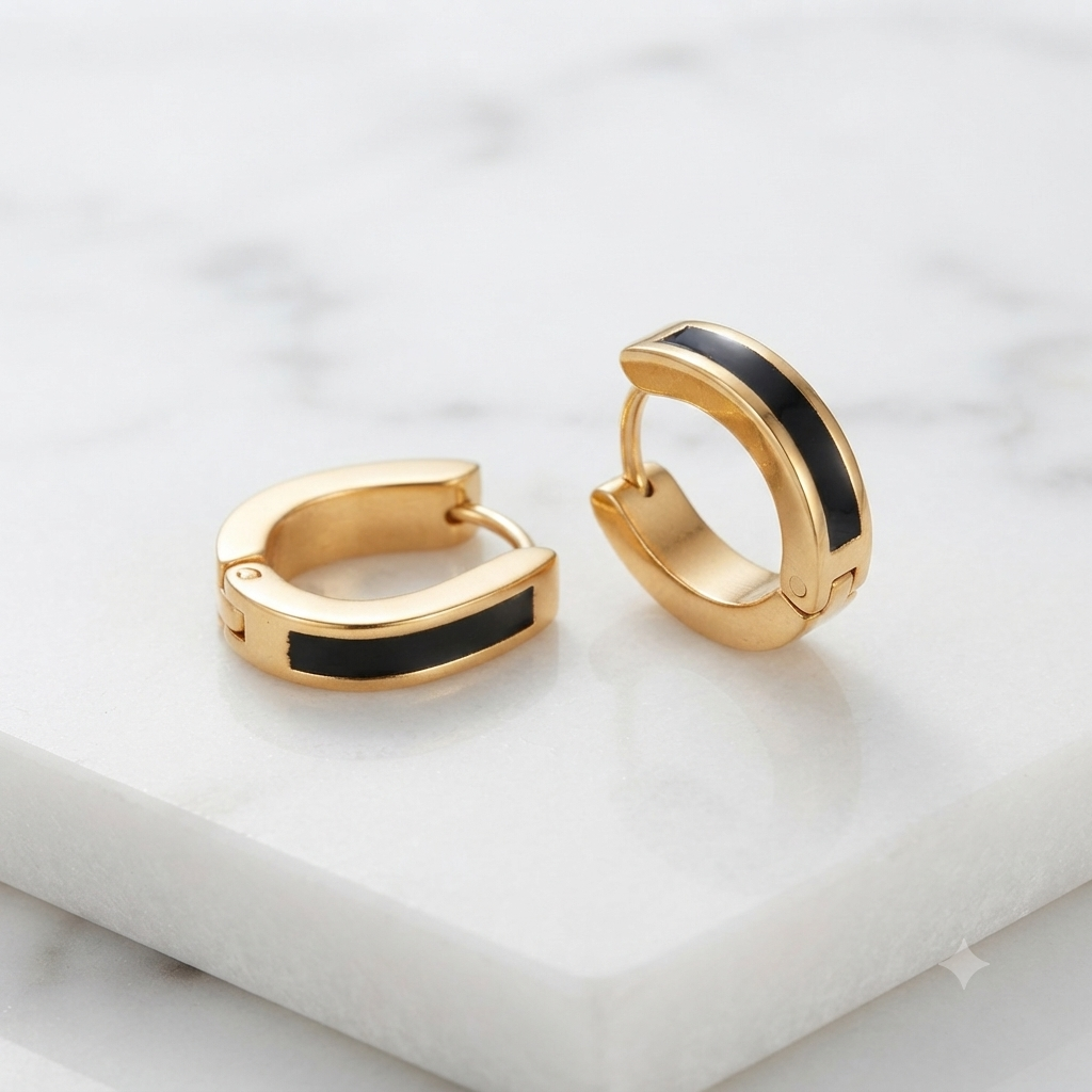 Pendientes aros dorados con franja de esmalte negro de acero inoxidable