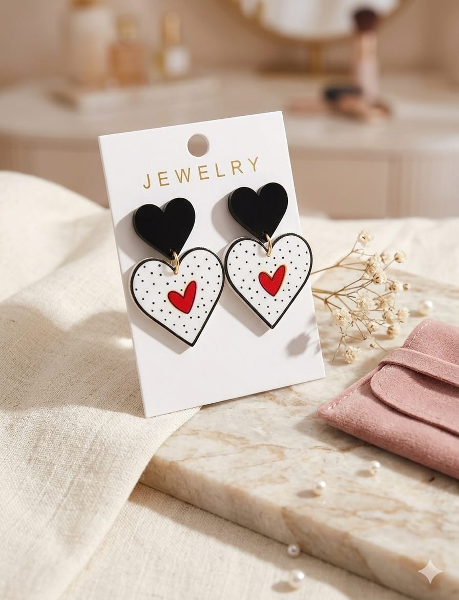 Pendientes corazón bicolor negro y blanco con corazón rojo y lunares