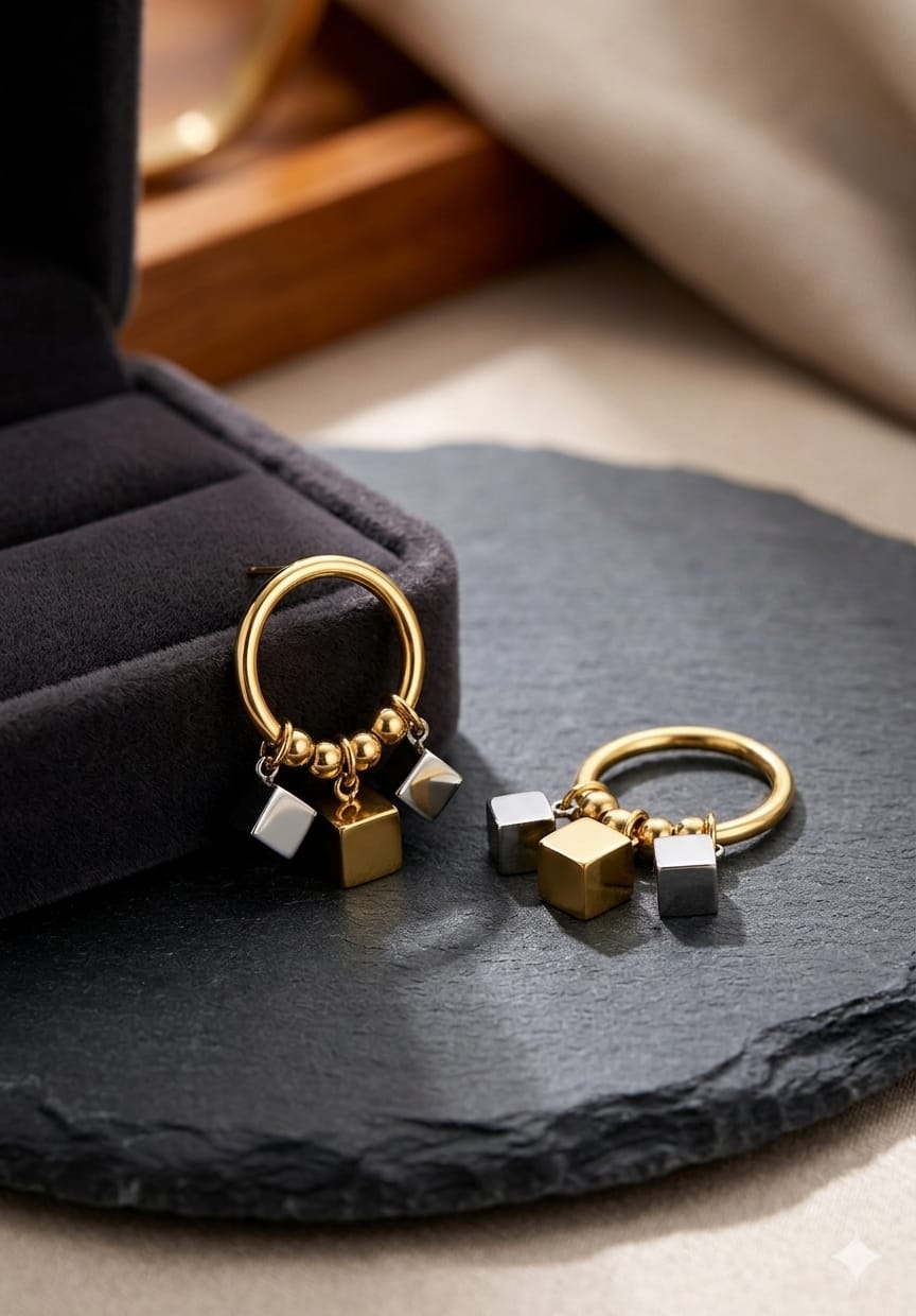 Pendientes aro dorado con cubos colgantes bicolor dorado y plateado acero inoxidable