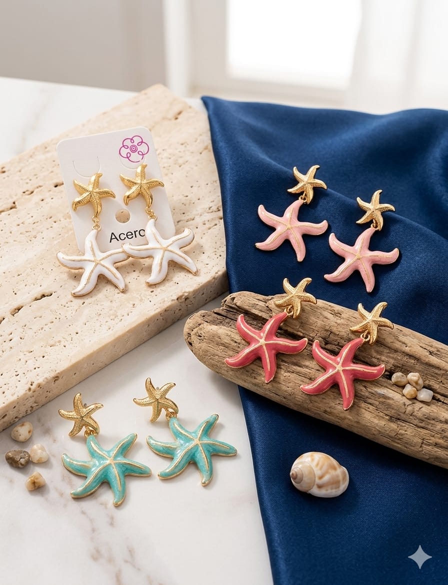 Pendientes estrella de mar esmaltada colgante en 4 colores: blanco, rosa, coral y turquesa