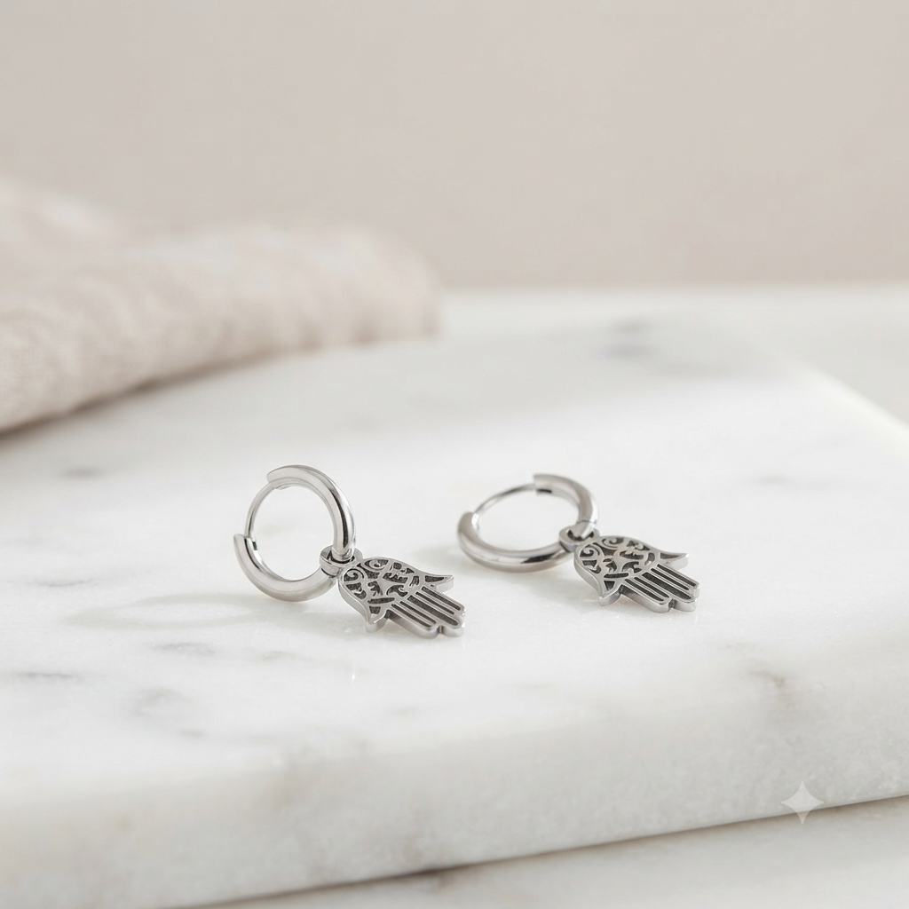 Pendientes aros con colgante Mano de Fátima de acero inoxidable