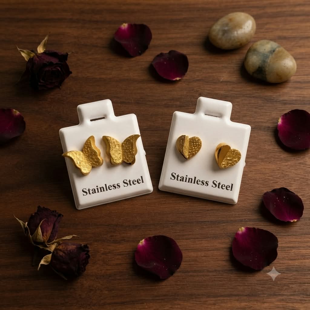 Pendientes relieve dorado stainless steel mariposa y corazón