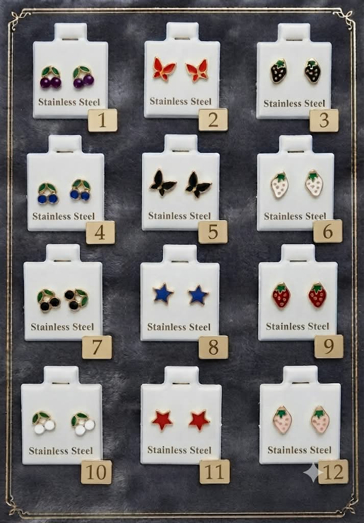 Pendientes kawaii frutas mariposas estrellas stainless steel 12 diseños