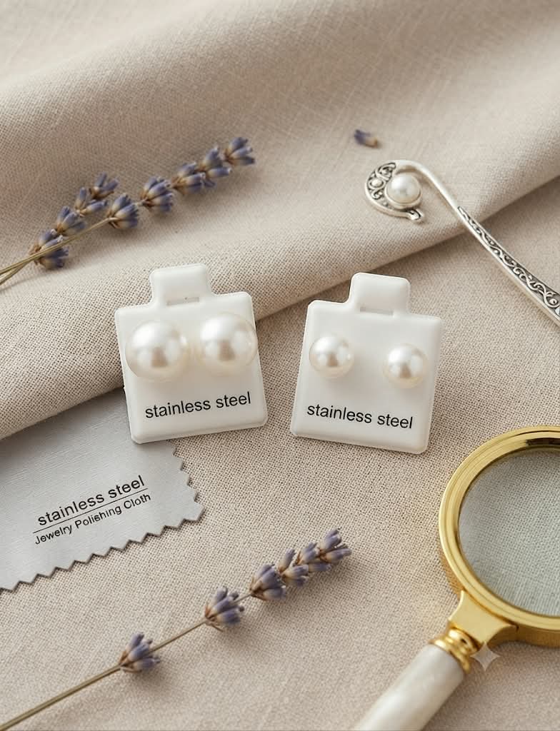 Pendientes perla blanca clásica stainless steel 2 tamaños