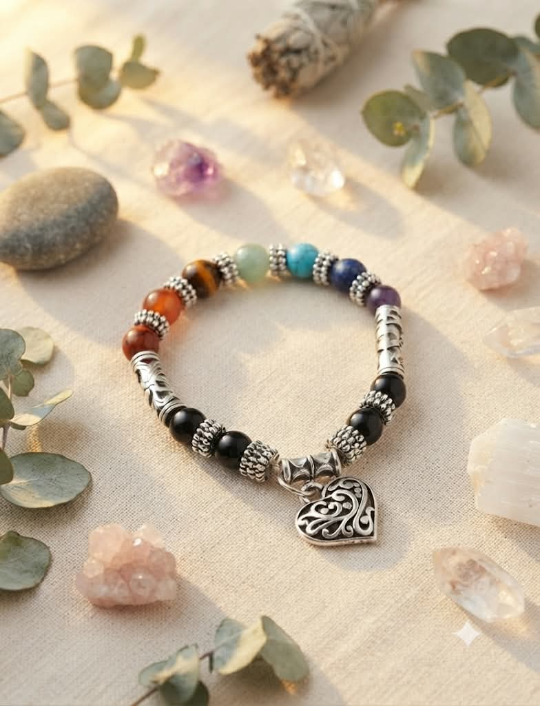 Pulsera elástica de los 7 chakras con colgante corazón calado plateado