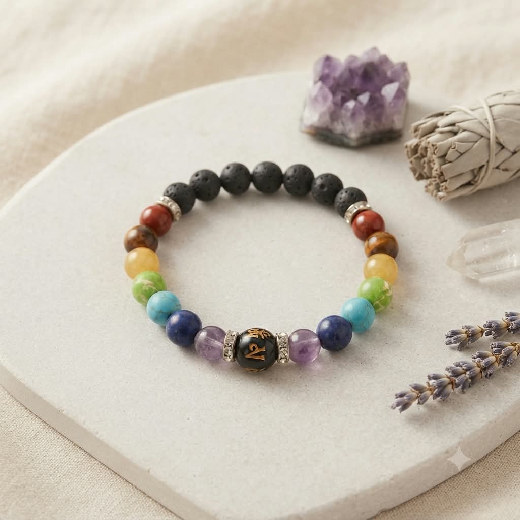 Pulsera elástica de los 7 chakras con piedras naturales y lava volcánica