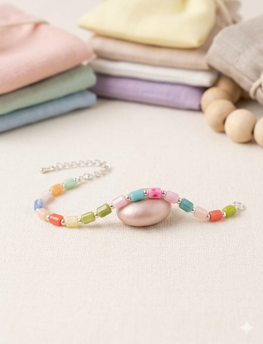 Pulsera de cuentas de colores pastel con perla central estilo boho