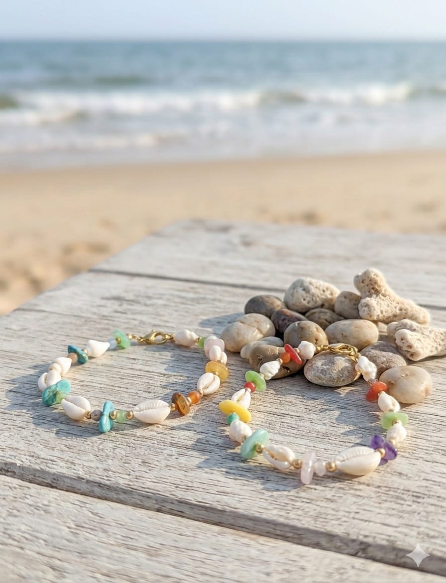 Pulsera de conchas y piedras naturales de colores estilo boho playa
