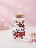 Vaso de cristal Hello Kitty Love con tapa de bambú y pajita