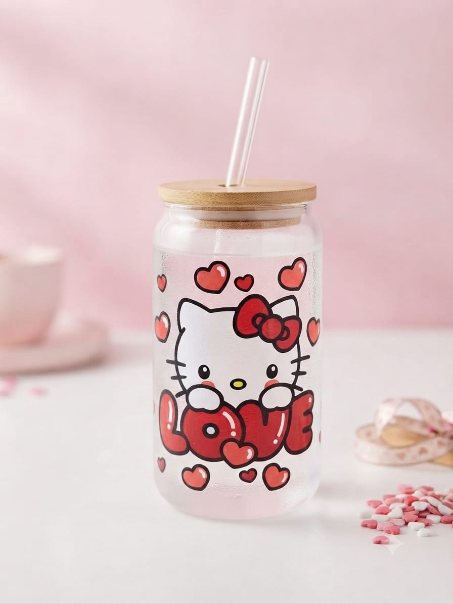 Vaso de cristal Hello Kitty Love con tapa de bambú y pajita